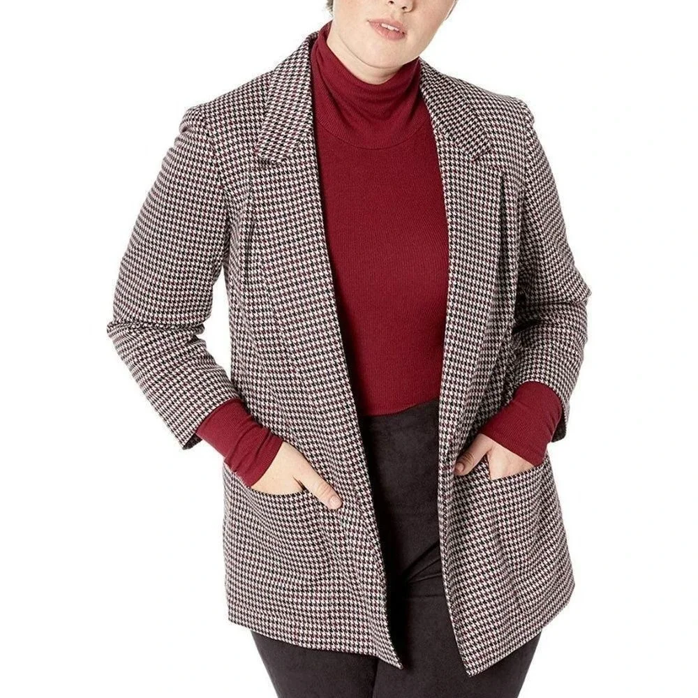 Nine West Blazer Women Red/Black Houndstooth Open Front‎ Blazer Medium Corpcore